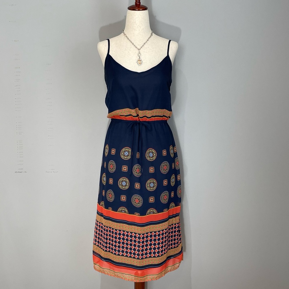 Old Navy Midi Dress Size XS Cinched Waist Navy Orange Bohemian Western Style